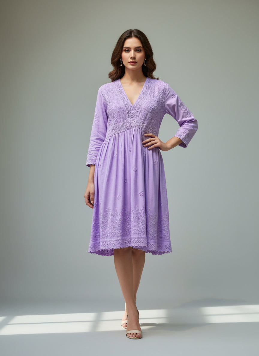 Lavender Chikankari short kurti dress with Ghass Patti work
