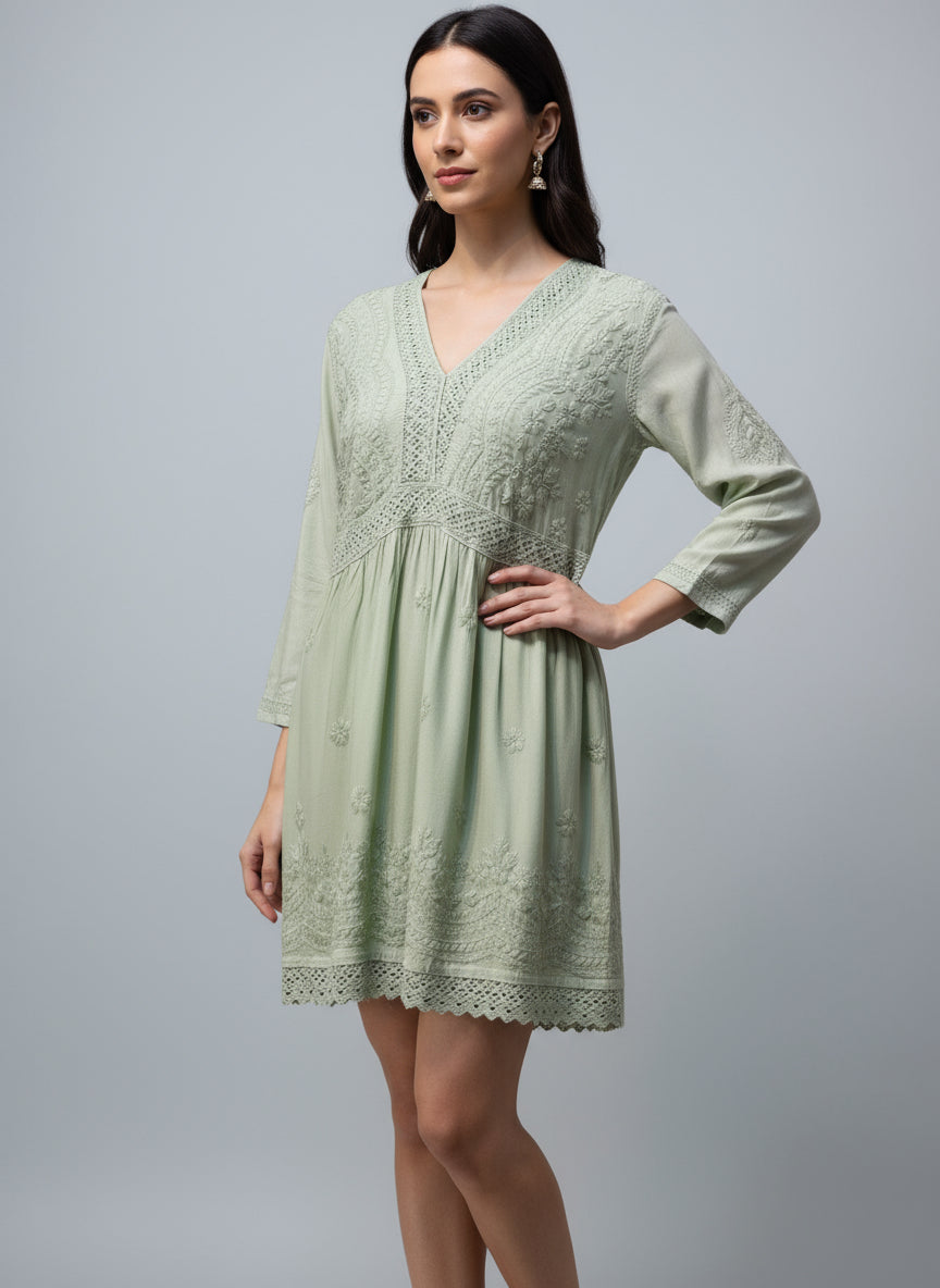 Lime Green Chikankari short kurti dress with Ghass Patti work