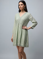 Lime Green Chikankari short kurti dress with Ghass Patti work
