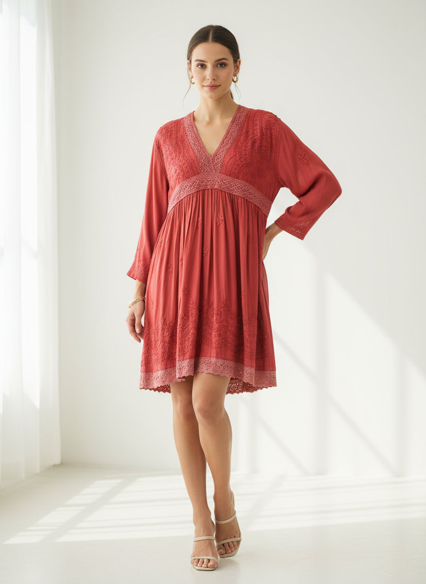 Maroon Chikankari short kurti dress with Ghass Patti work