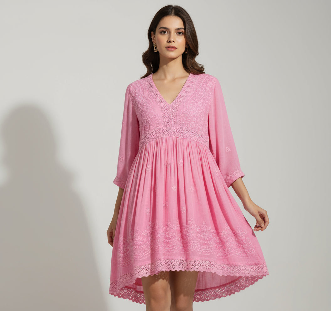 Pink Chikankari short kurti dress with Ghass Patti work