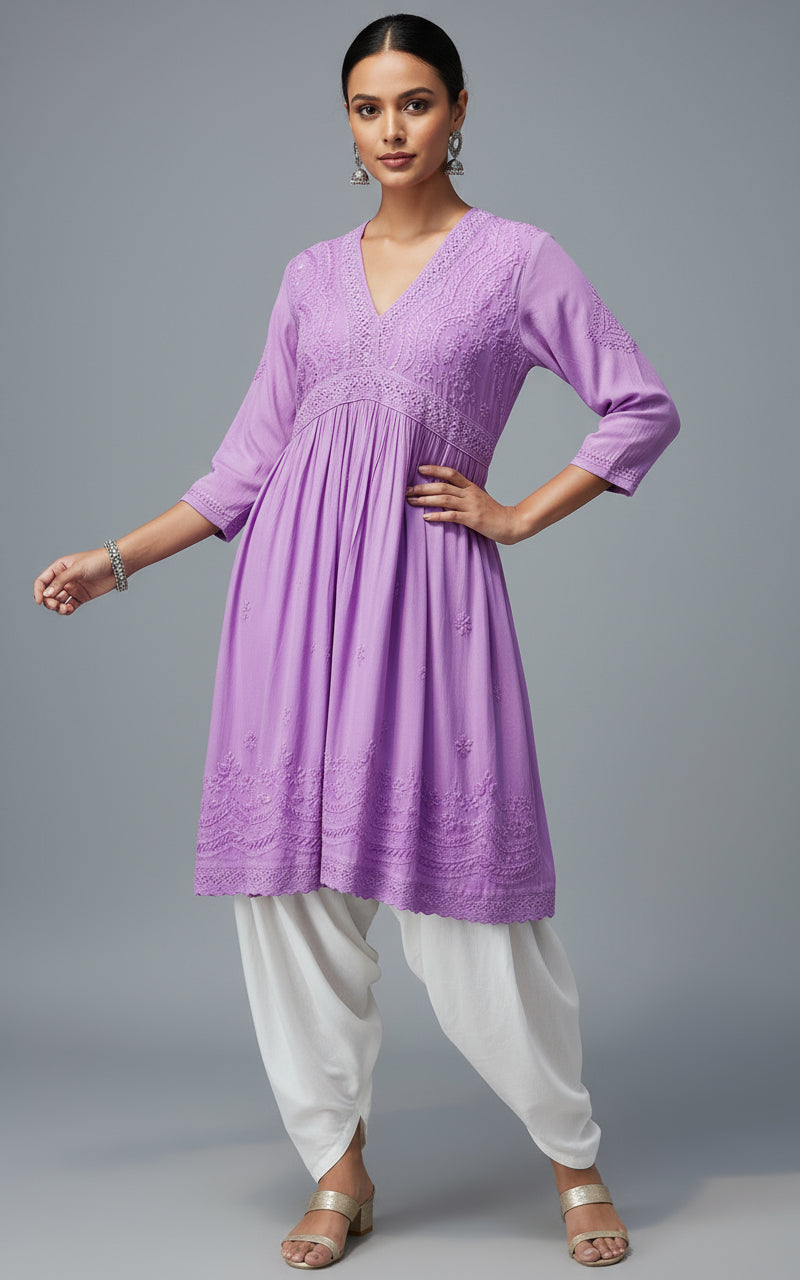 Purple Chikankari short kurti dress with Ghass Patti work