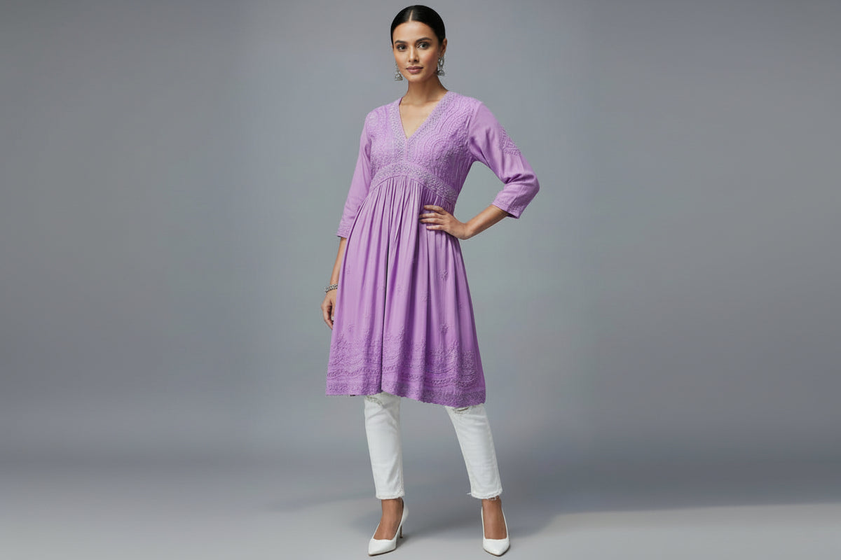 Purple Chikankari short kurti dress with Ghass Patti work