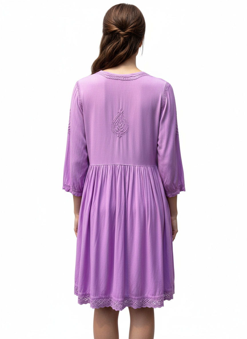 Rear view ofpurple short kurti dress with Ghass Patti work