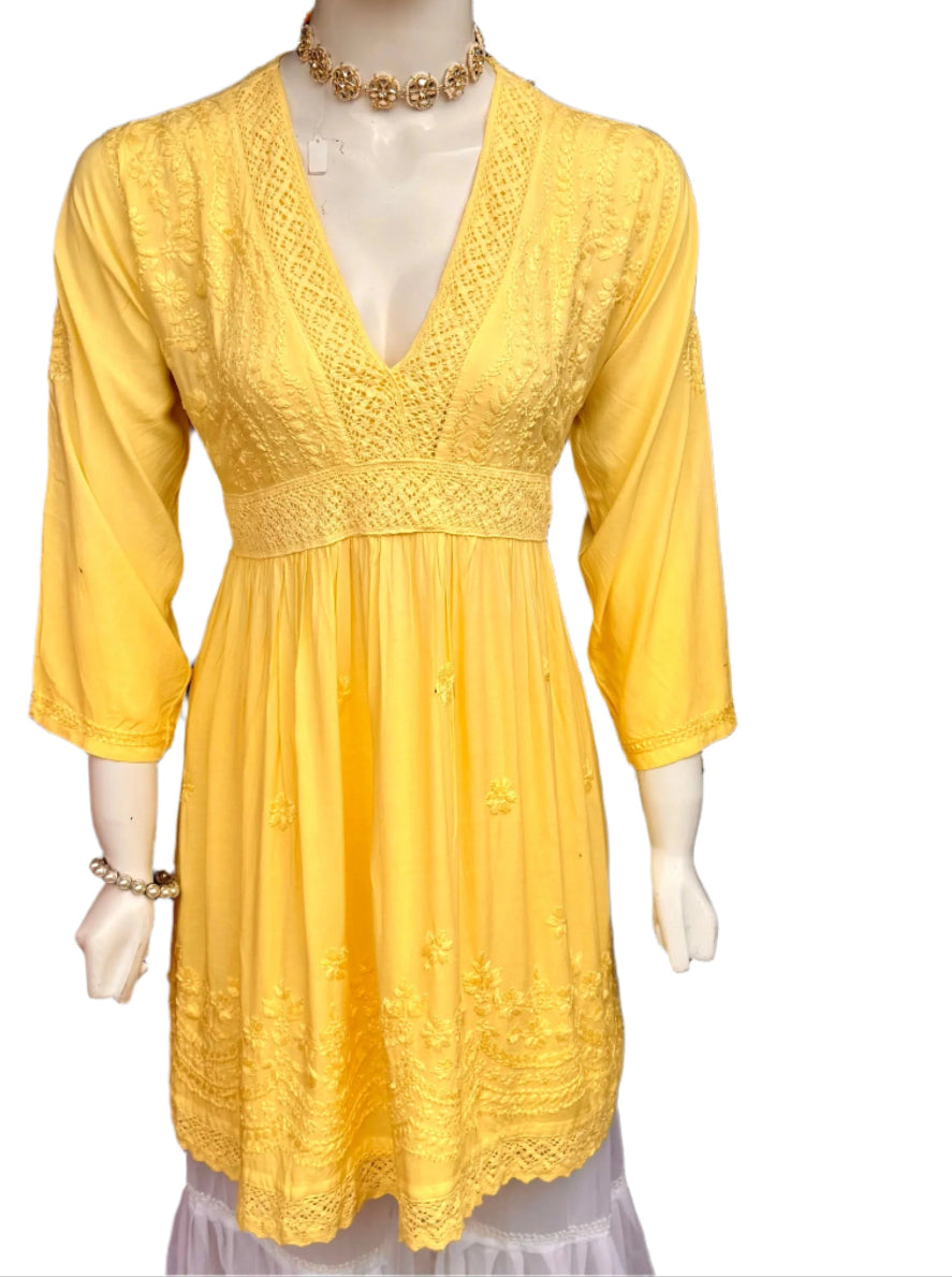 Yellow Chikankari short kurti dress with Ghass Patti work