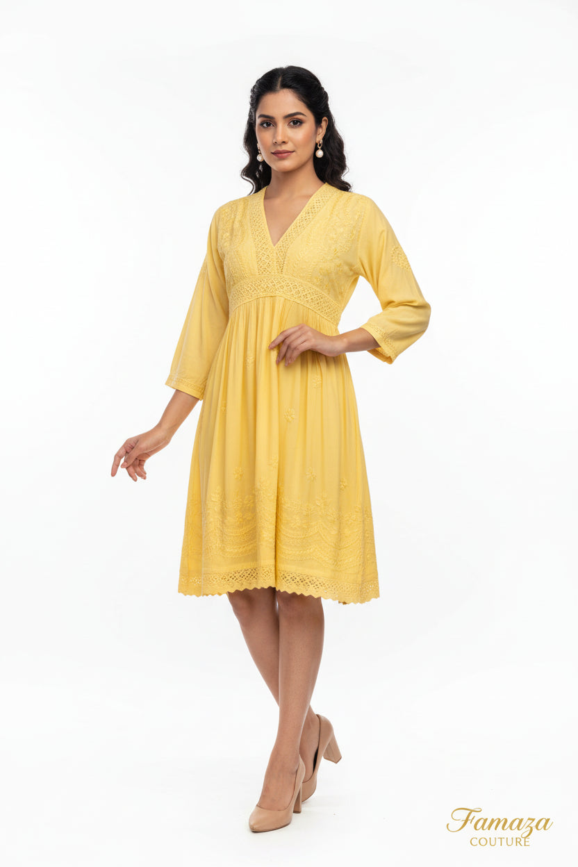 Yellow Chikankari short kurti dress with Ghass Patti work