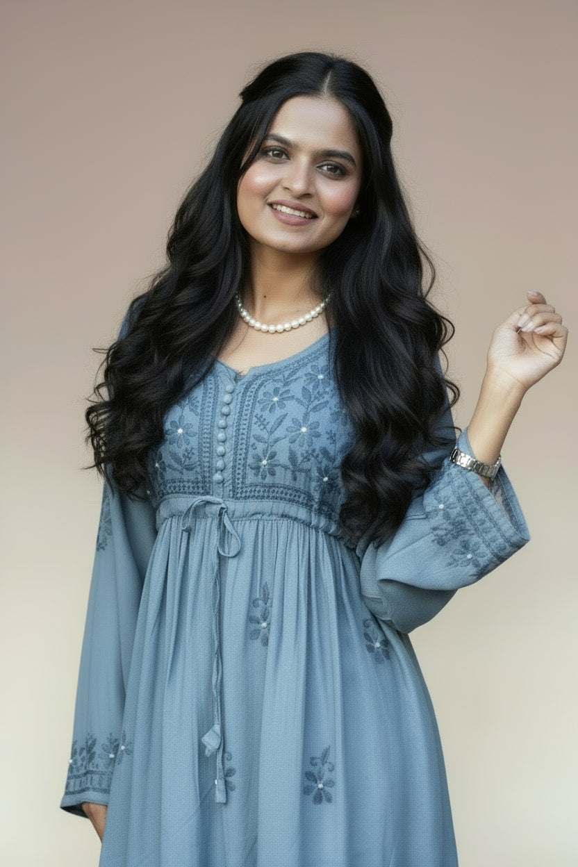 model wearing chikankari short frock kurti