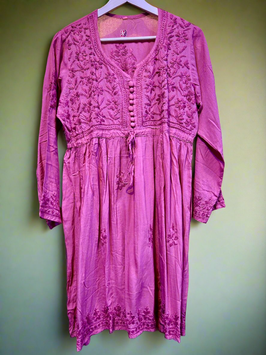 chikankari short frock kurti magenta
