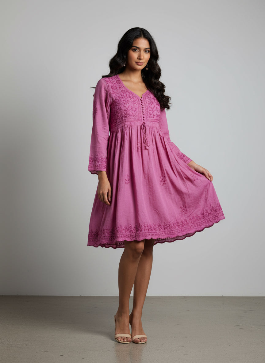 chikankari short frock kurti magenta