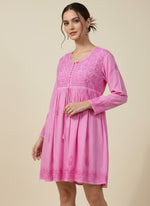 chikankari short frock kurti pink