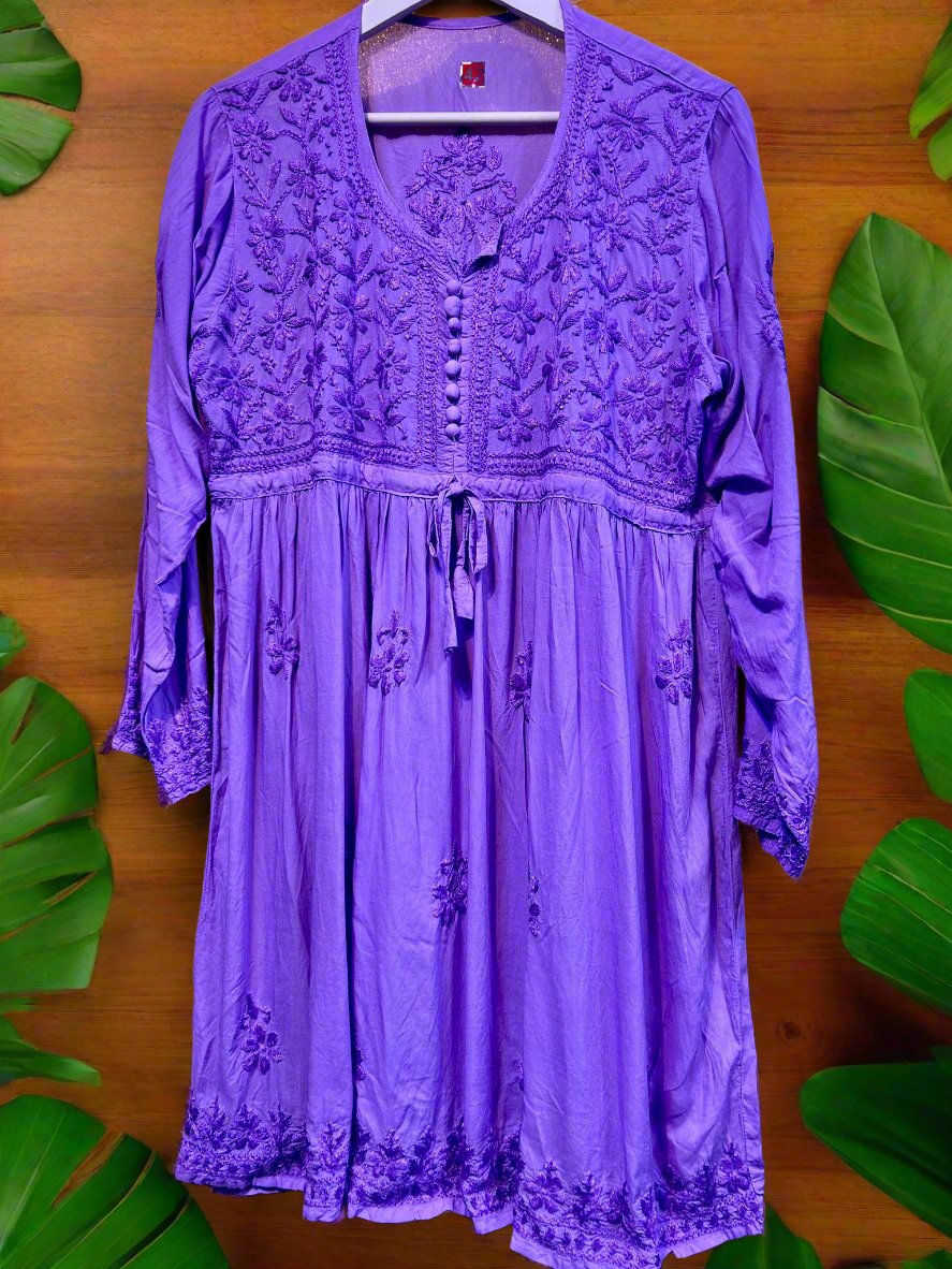chikankari short frock kurti purple