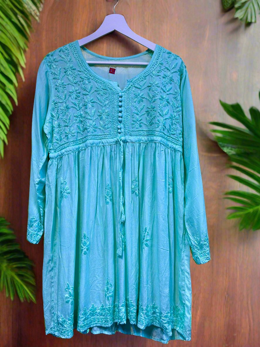 chikankari short frock kurti turquoise