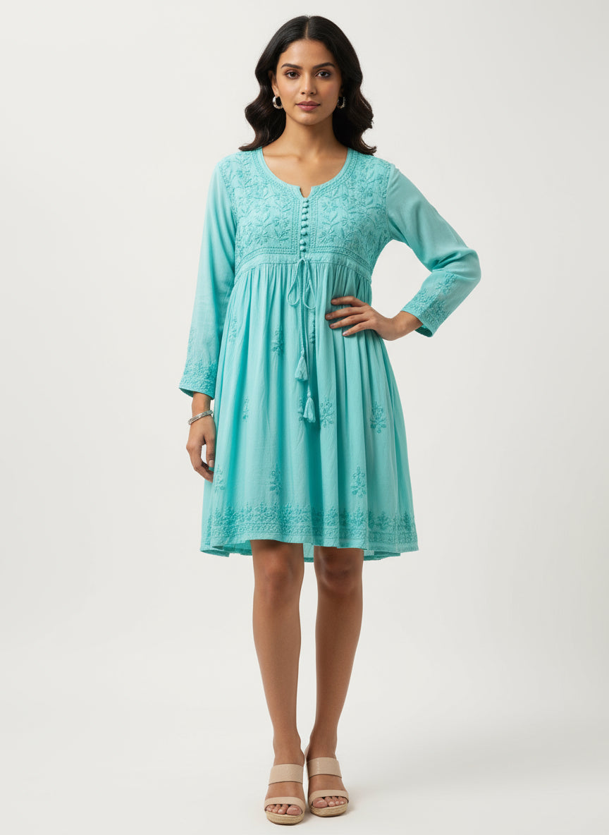 chikankari short frock kurti turquoise