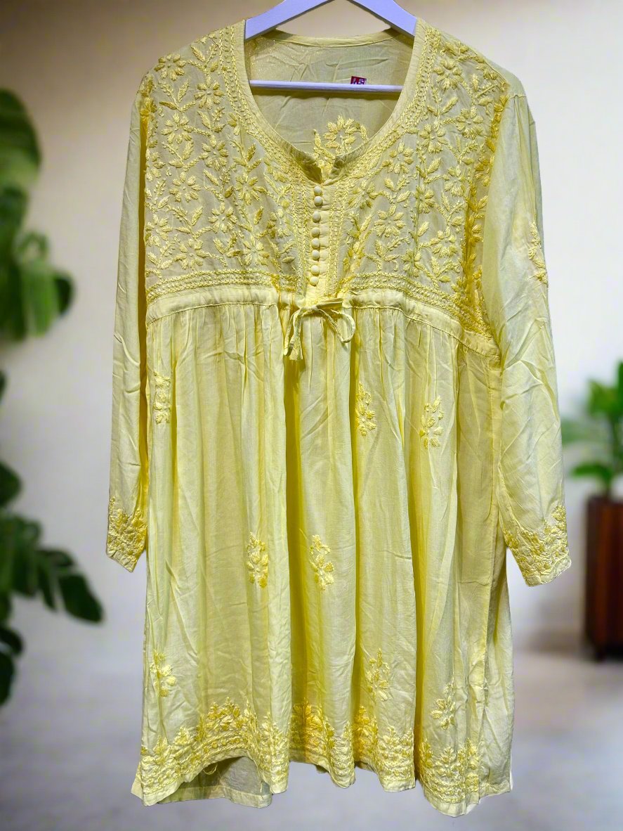 chikankari short frock kurti yellow