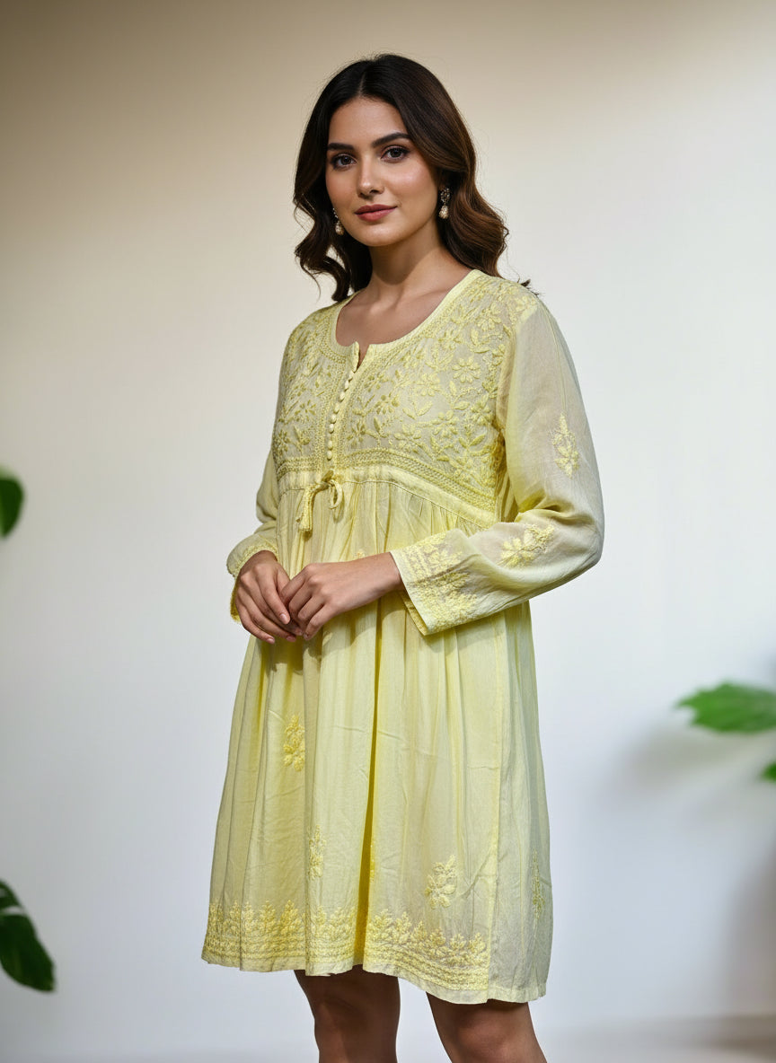 chikankari short frock kurti yellow