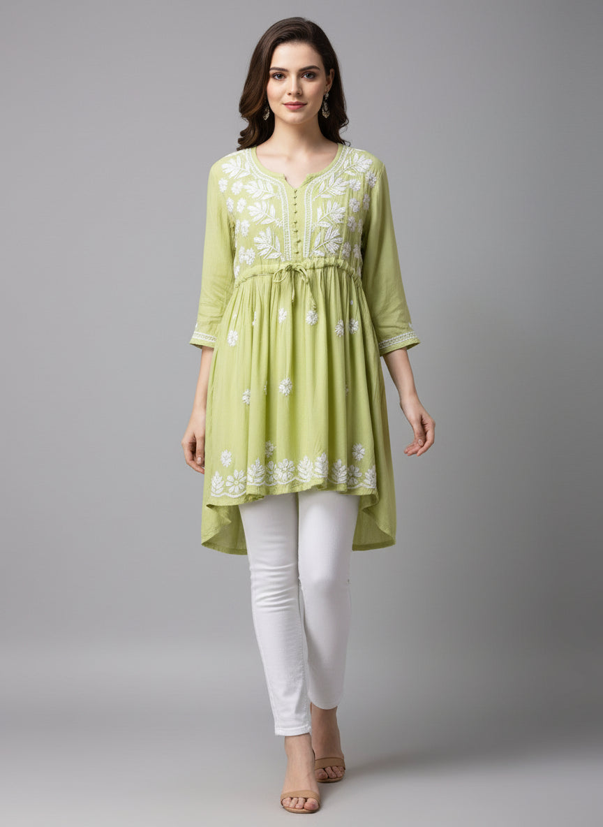 chikankari short frock style kurti lime green