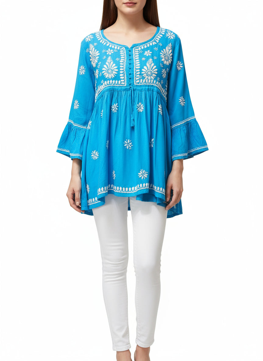 chikankari short blue frock by famaza couture