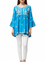 chikankari short blue frock by famaza couture