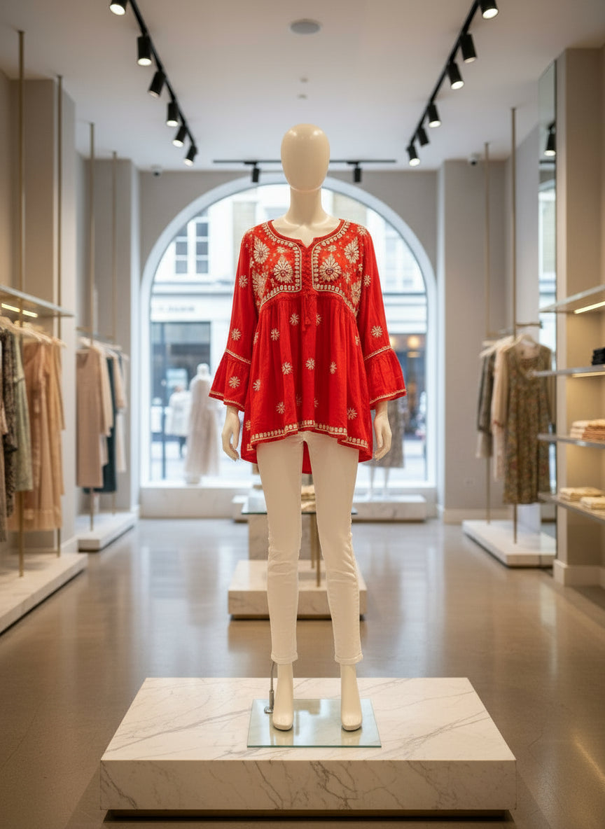 chikankari short red frock by famaza couture