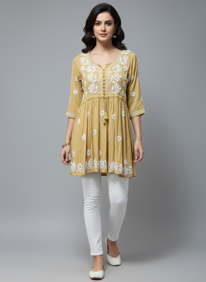 chikankari short kurti frock style beige