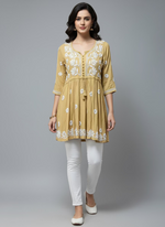 chikankari short kurti frock style beige