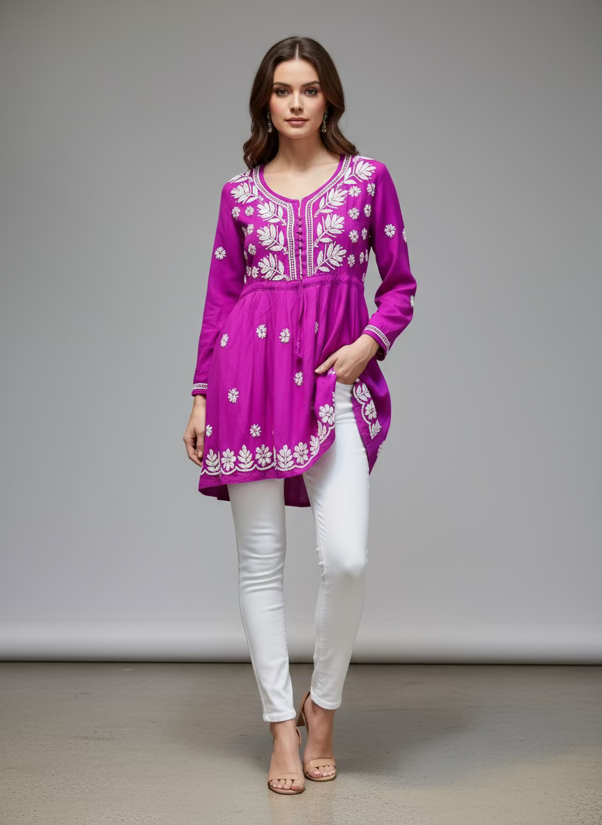 chikankari short kurti frock style magenta