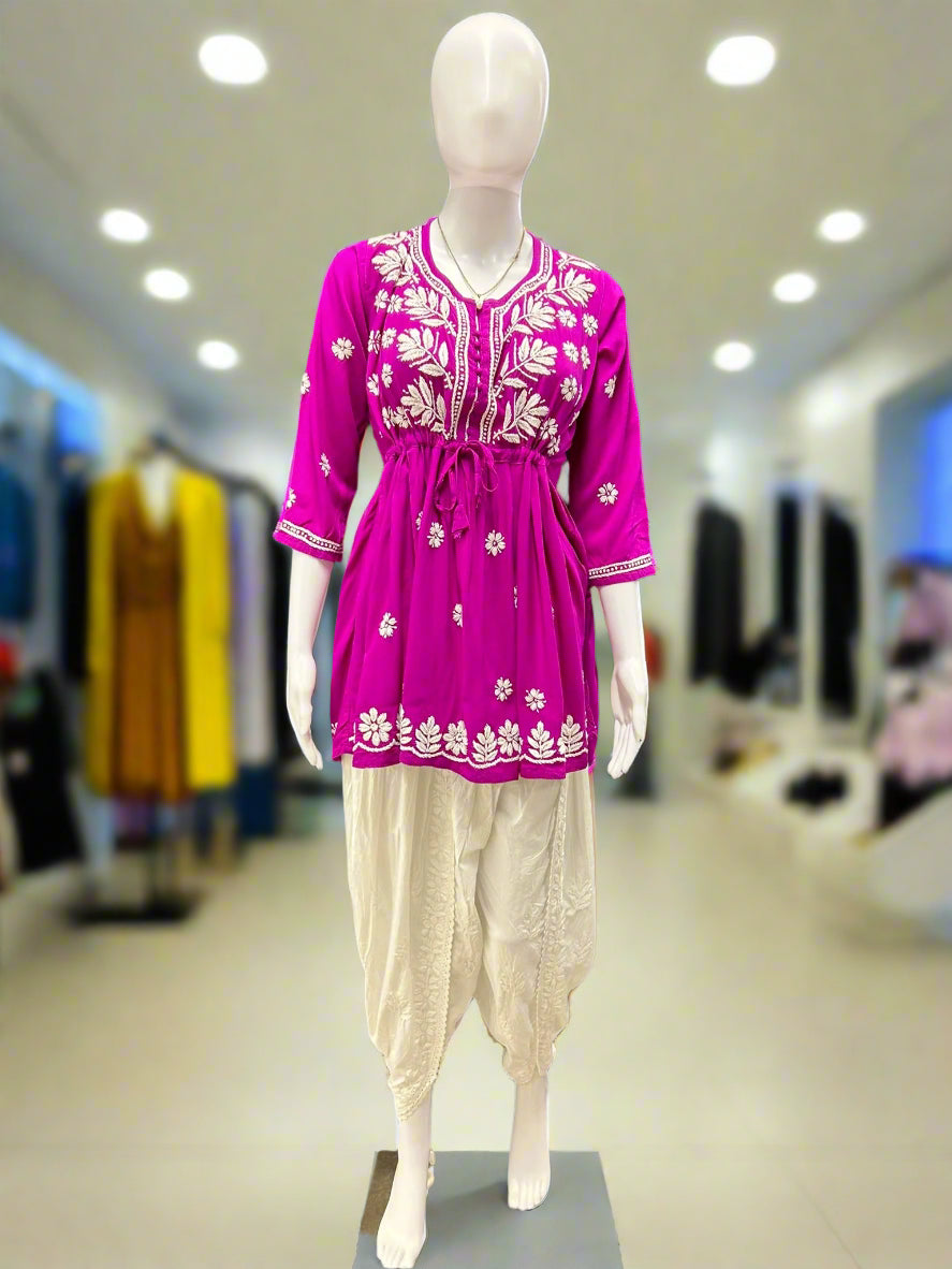 chikankari short kurti frock style full look on mannequin