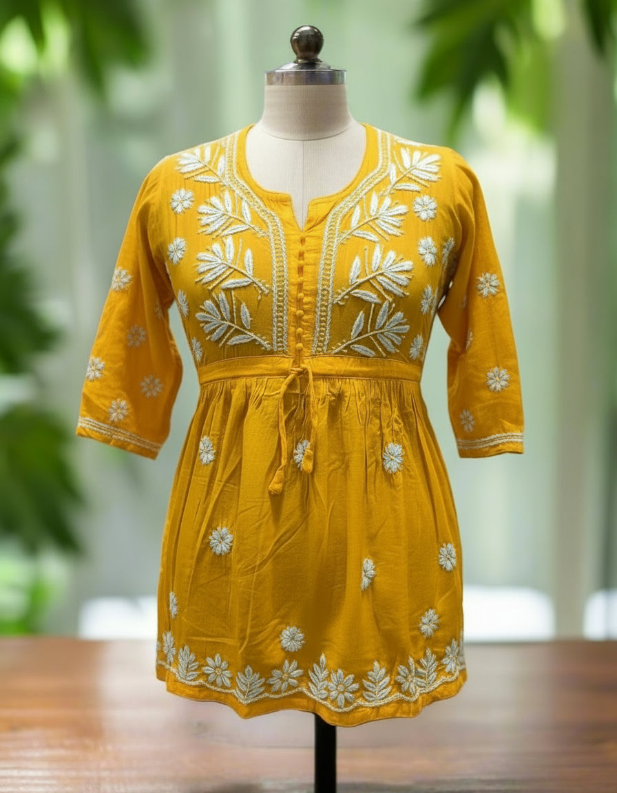 chikankari short kurti frock style mannequin mustard