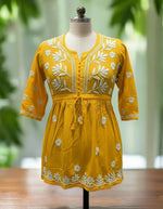 chikankari short kurti frock style mannequin mustard