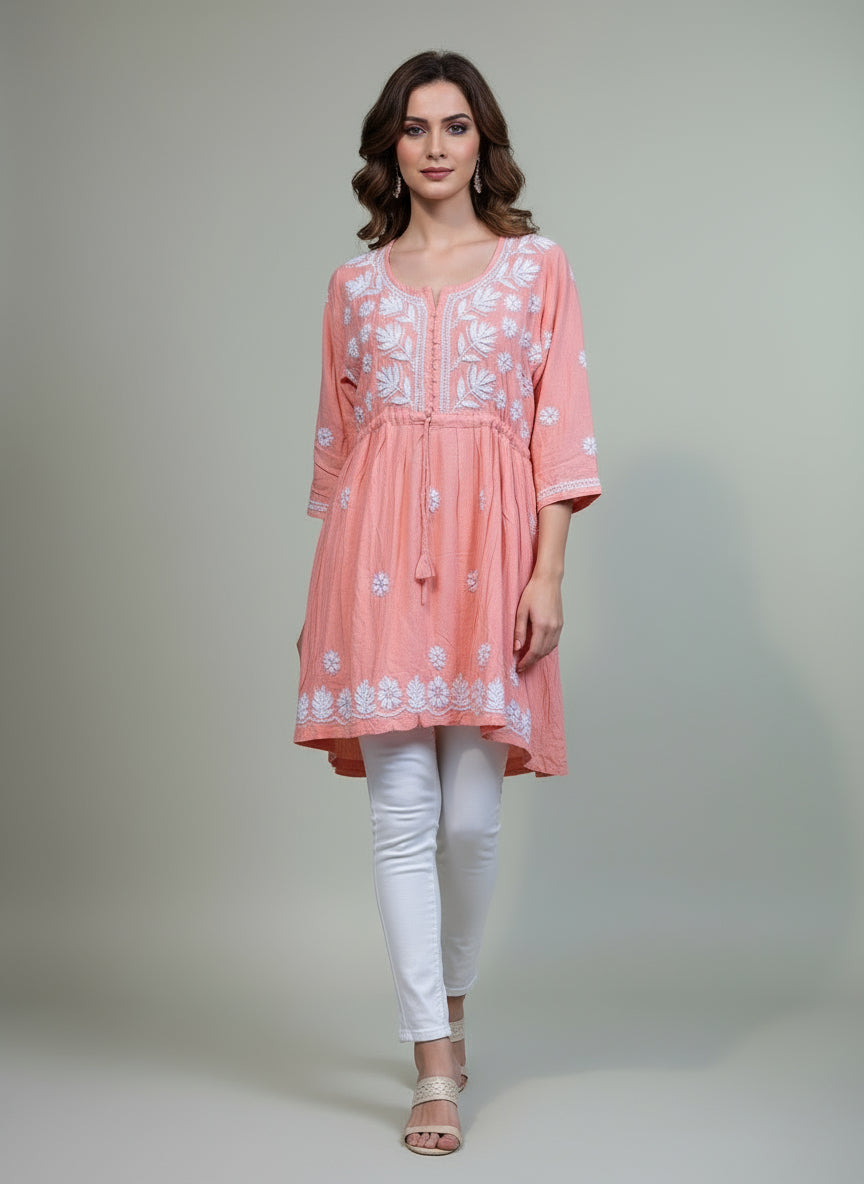 chikankari short kurti frock style peach