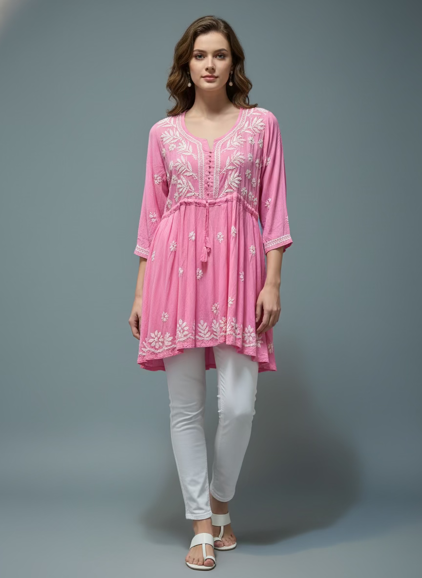 chikankari short kurti frock style pink