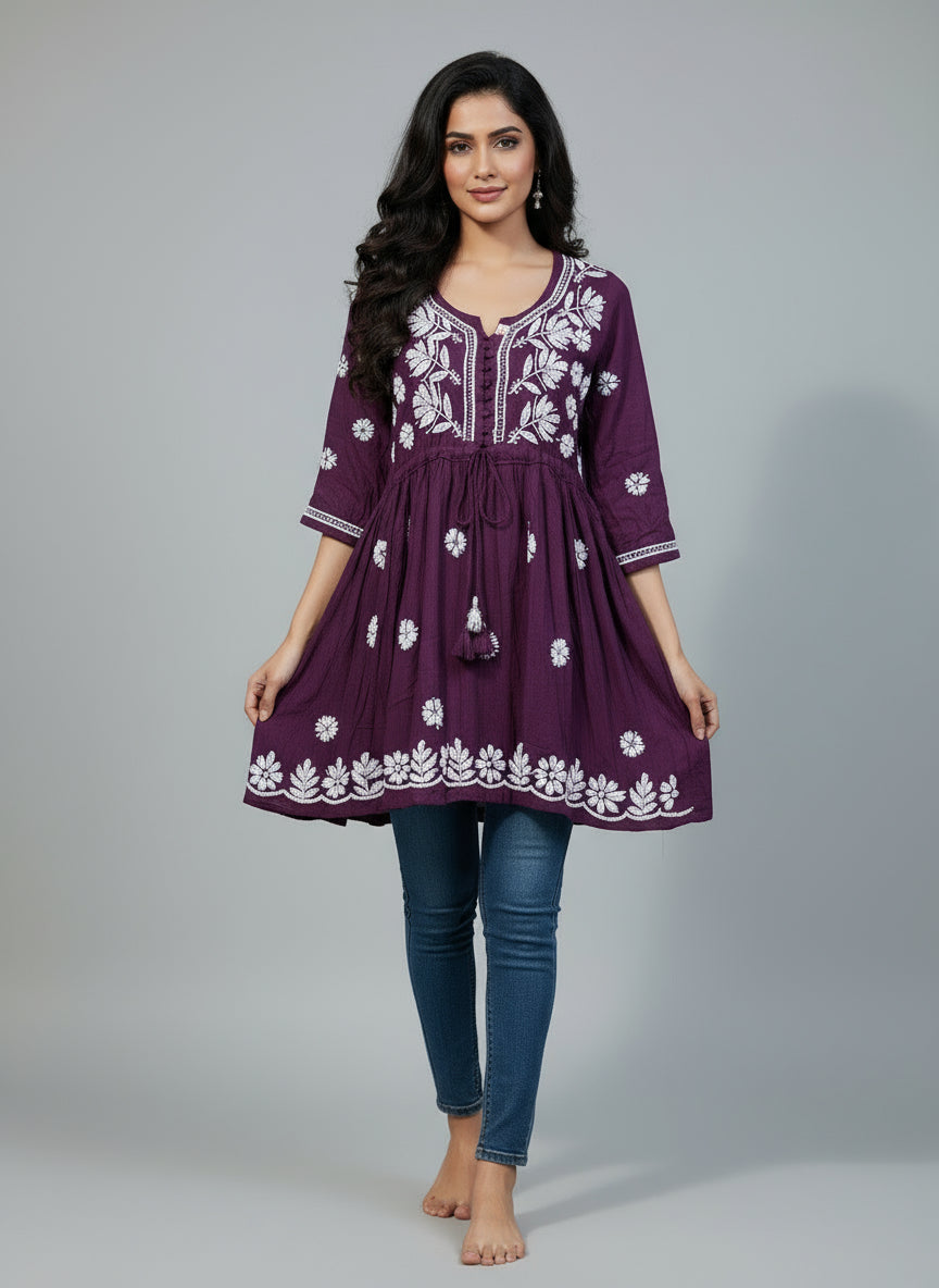chikankari short kurti frock style plum