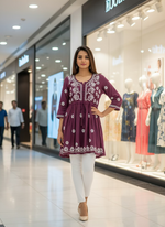 chikankari short kurti frock style plum