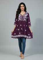 chikankari short kurti frock style plum