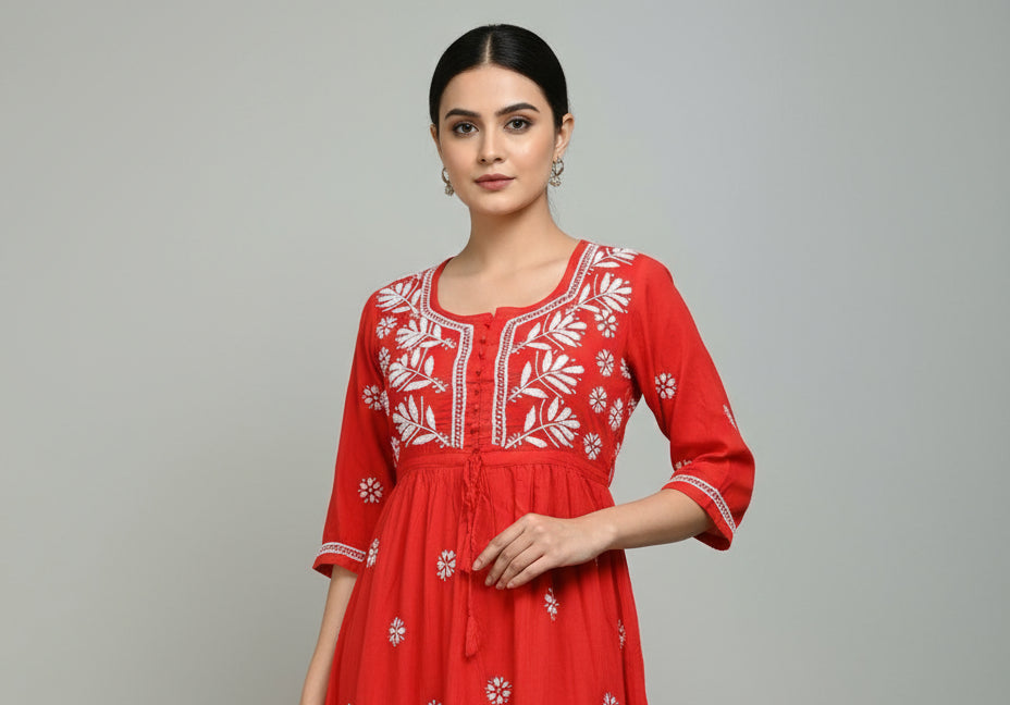 chikankari short kurti frock style red close up