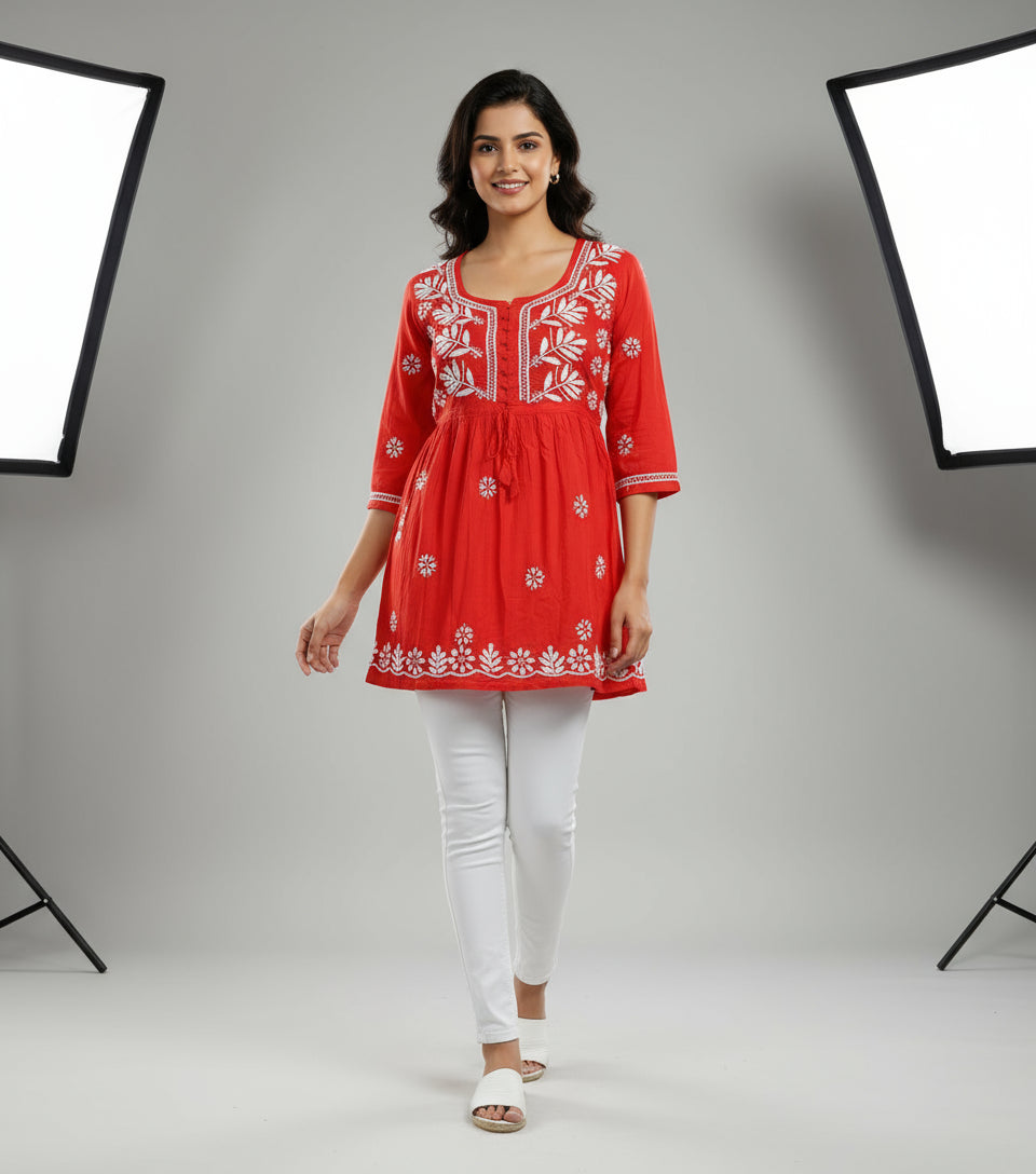 chikankari short kurti frock style red front