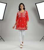 chikankari short kurti frock style red front