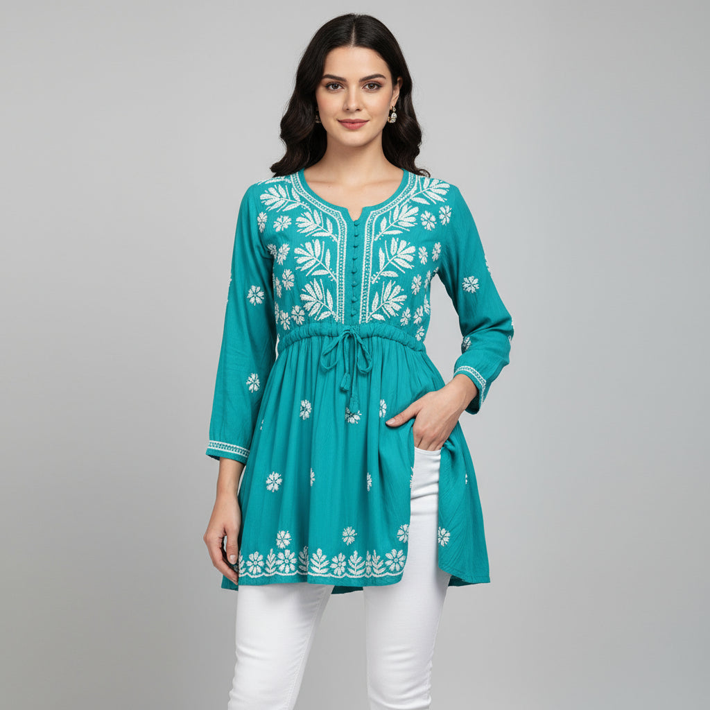 chikankari short kurti frock style red spread