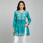 chikankari short kurti frock style red spread