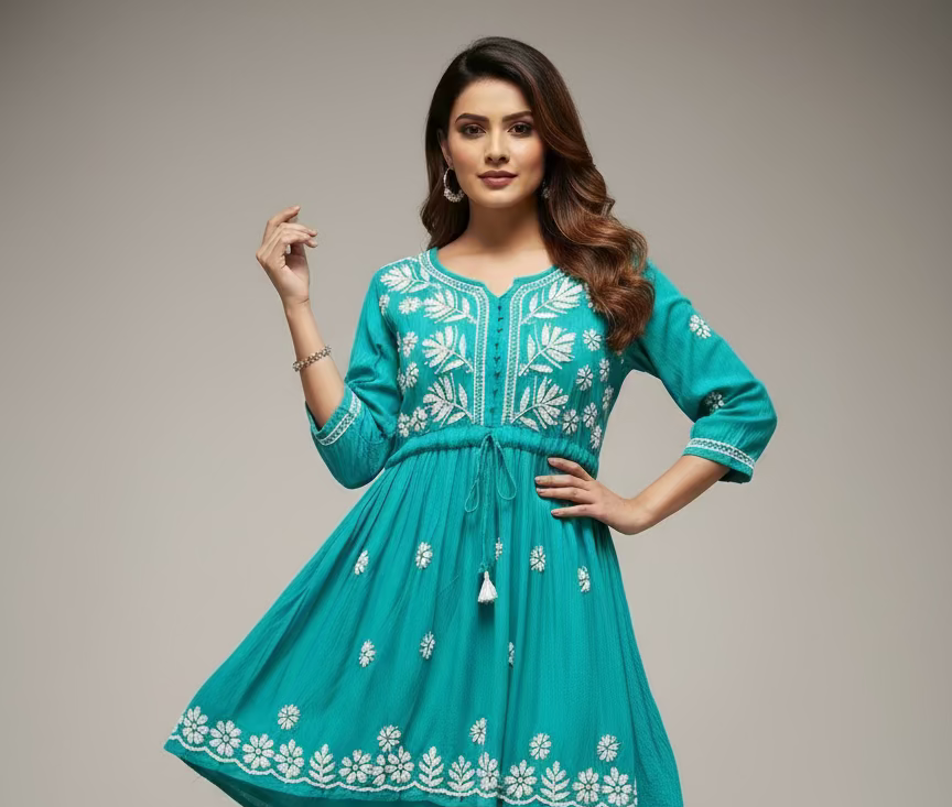 chikankari short kurti frock style turquoise