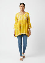 chikankari short kurti frock yellow front view