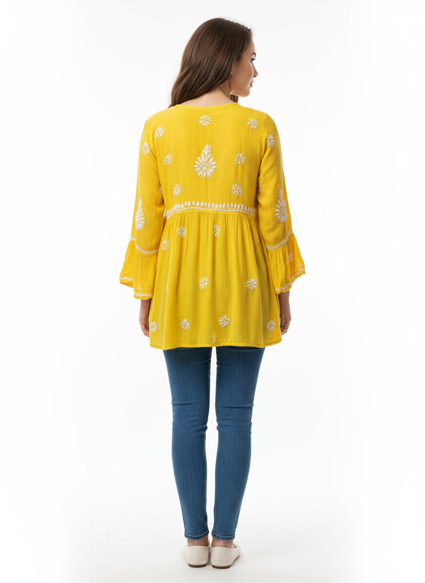 chikankari short kurti frock yellow rear view