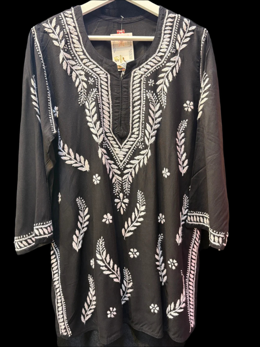 chikankari short kurti leaf motifs black