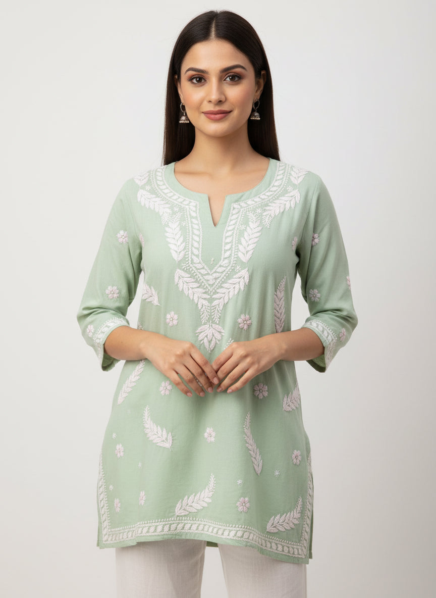 chikankari short kurti leaf motifs green