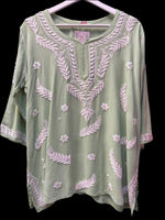 chikankari short kurti leaf motifs green