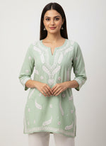 chikankari short kurti leaf motifs green