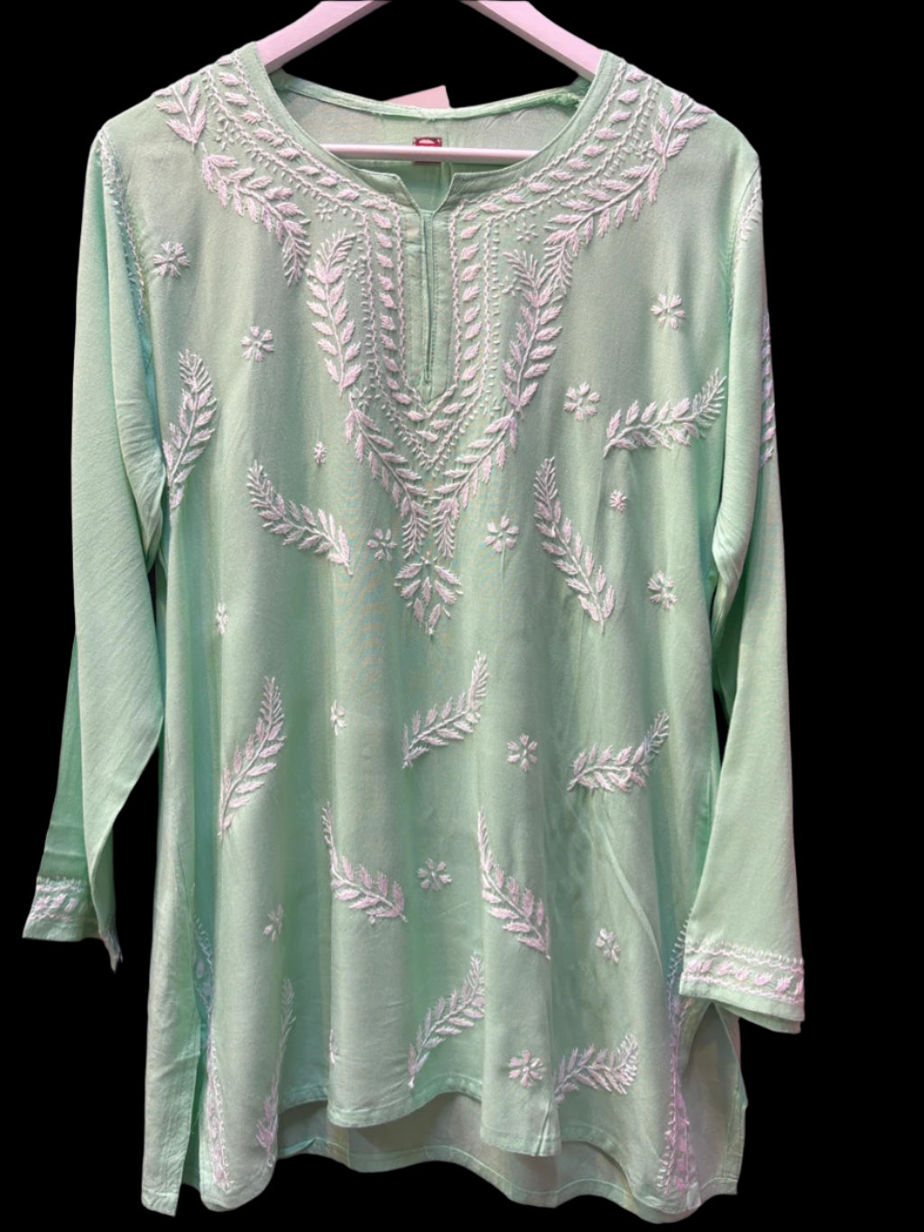 chikankari short kurti leaf motifs lime green