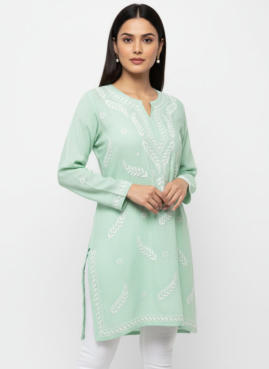 chikankari short kurti leaf motifs lime green