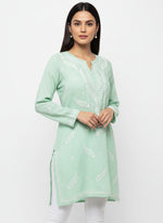 chikankari short kurti leaf motifs lime green