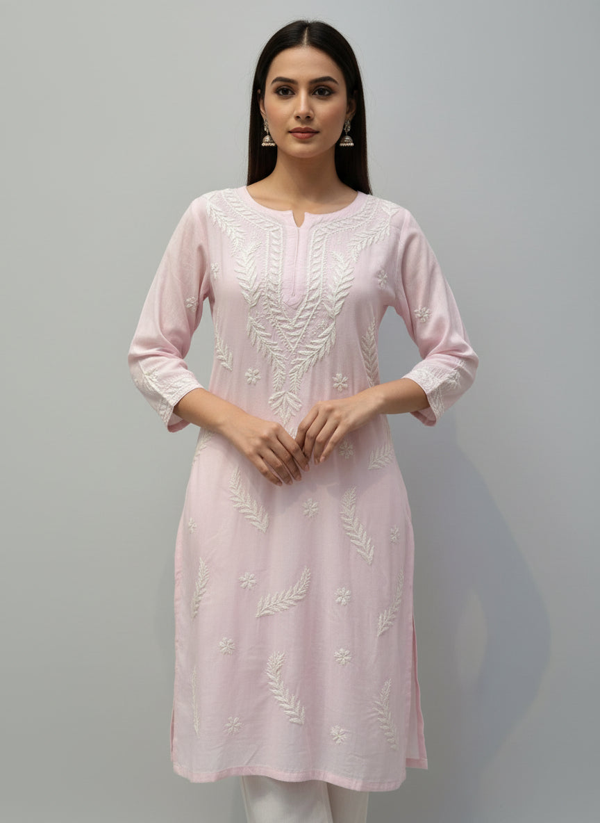 chikankari short kurti leaf motifs pink